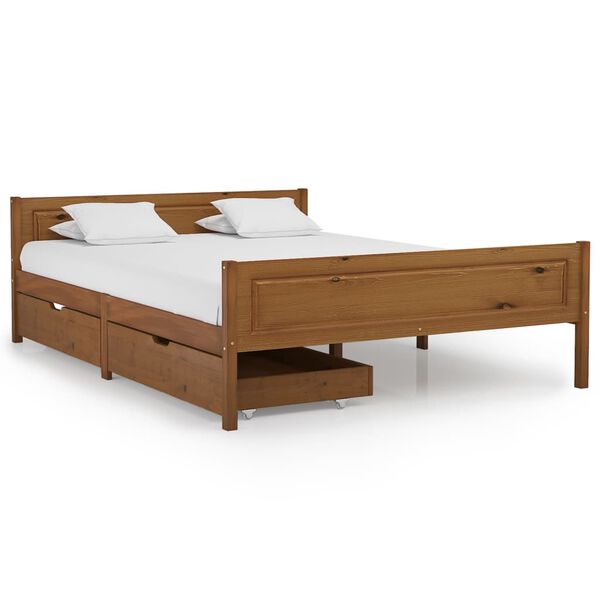 vidaXL Рамка за легло с 2 чекмеджета меденокафява бор масив 140x200 см