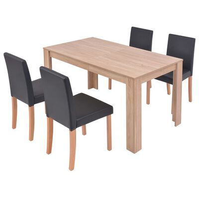 vidaXL Трапезна маса и столове, 5 части, изкуствена кожа, дъб, черно