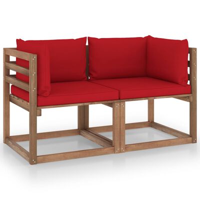 vidaXL Градински 2-местен диван от палети с червени възглавници бор