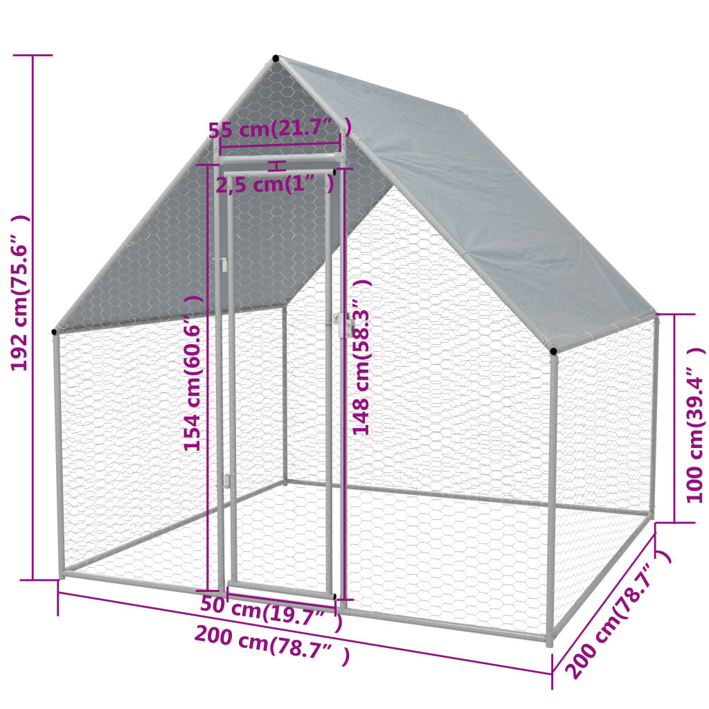 vidaXL Птичарник на открито, поцинкована стомана, 2x2x1,92 м