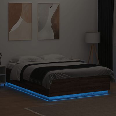 vidaXL Рамка за легло с LED осветление, кафяв дъб, 120x200 см