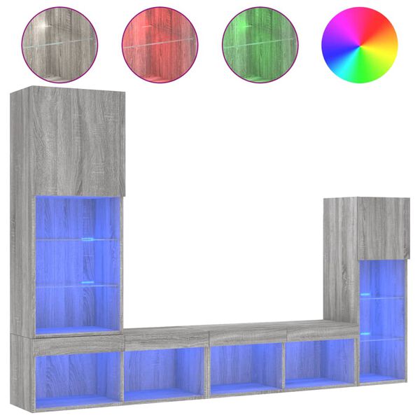 vidaXL ТВ стенни модули с LED, 4 части, сив сонома, инженерно дърво