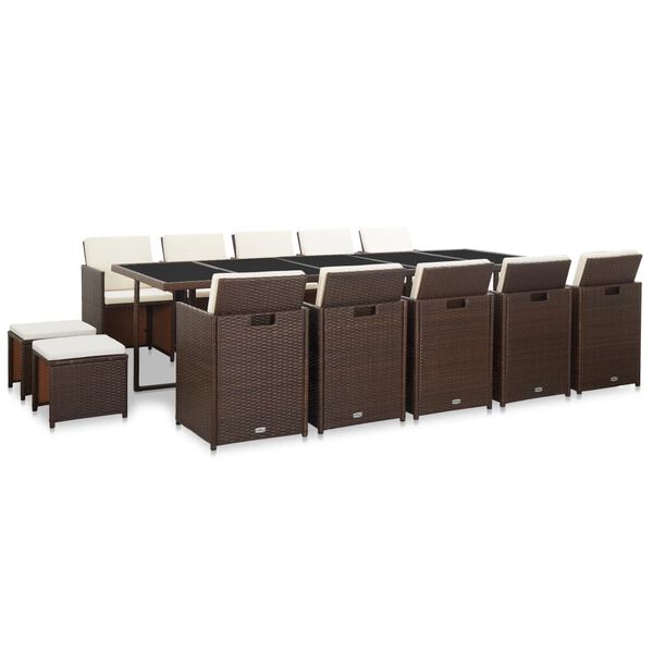 vidaXL Градински комплект с възглавници, 15 части, кафяв полиратан