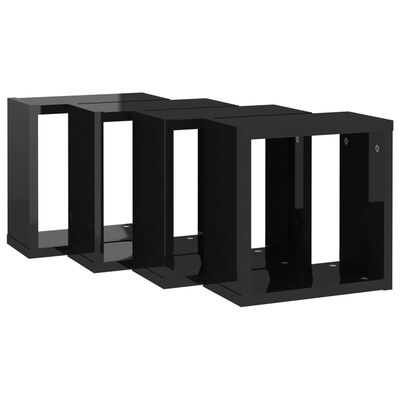vidaXL Стенни кубични рафтове, 4 бр, черен гланц, 30x15x30 см