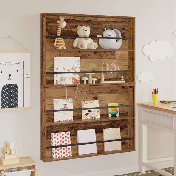 vidaXL Етажерка за списания с рафт 2 pcs Старо дърво 100 x 12 x 70 см