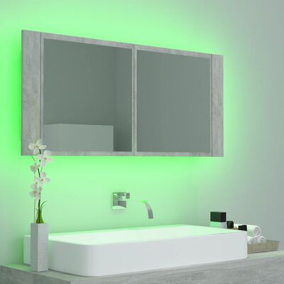 vidaXL LED шкаф с огледало за баня, бетонно сив, 100x12x45 см, акрил