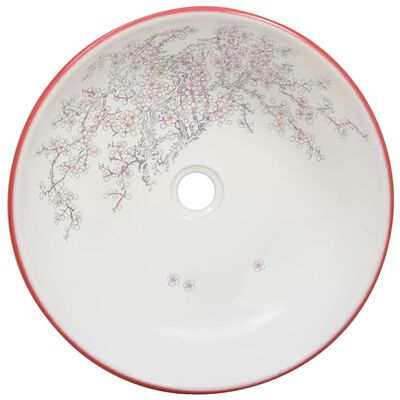 vidaXL Мивка за плот, бяло и червено, кръгла, Φ41x14 см, керамика
