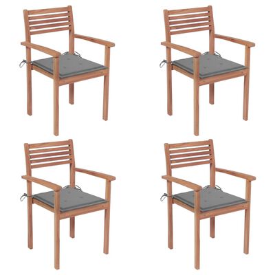vidaXL Градински столове 4 бр със сиви възглавници тиково дърво масив
