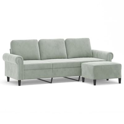vidaXL 3-местен диван с табуретка, Светлосив, 180 см, кадифе