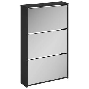 vidaXL Шкаф за обувки с огледало, 3 нива, черен, 63x17x102,5 см