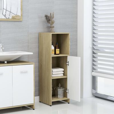 vidaXL Шкаф за баня, бяло и дъб сонома, 30x30x95 см, ПДЧ