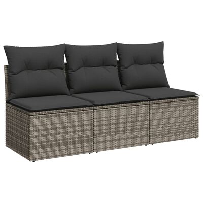 vidaXL Градински диван с възглавници, 3-местен, сив, полиратан