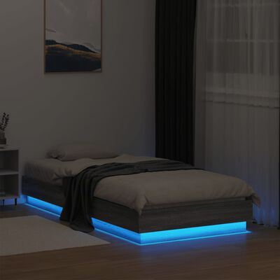 vidaXL Рамка за легло с LED осветление, сив сонома, 75x190 см