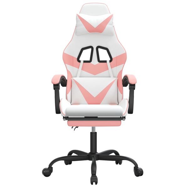 vidaXL Гейминг стол с опора за крака, Бял и Розов, изкуствена кожа