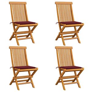 vidaXL Градински столове с виненочервени възглавници 4 бр тик масив