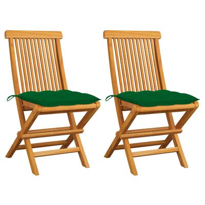 vidaXL Градински столове със зелени възглавници 2 бр тик масив