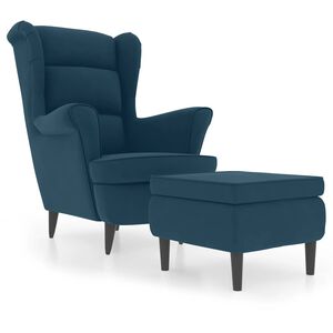vidaXL Фотьойл Wingback с табуретка, син, кадифе