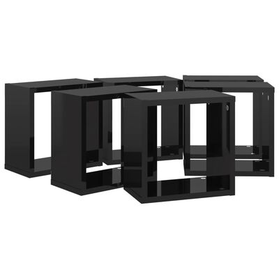 vidaXL Стенни кубични рафтове, 6 бр, черен гланц, 26x15x26 см
