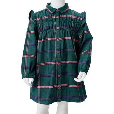 Детска рокля с дълги ръкави и волани, тъмнозелена, 92