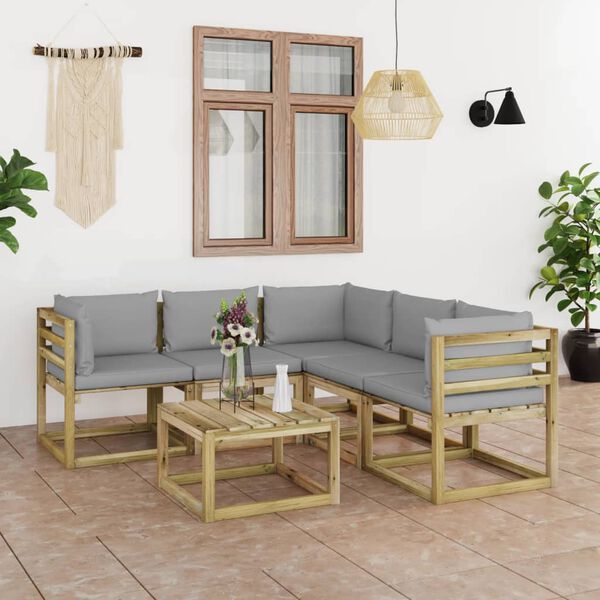 vidaXL Градински лаундж комплект от 6 части със сиви възглавници