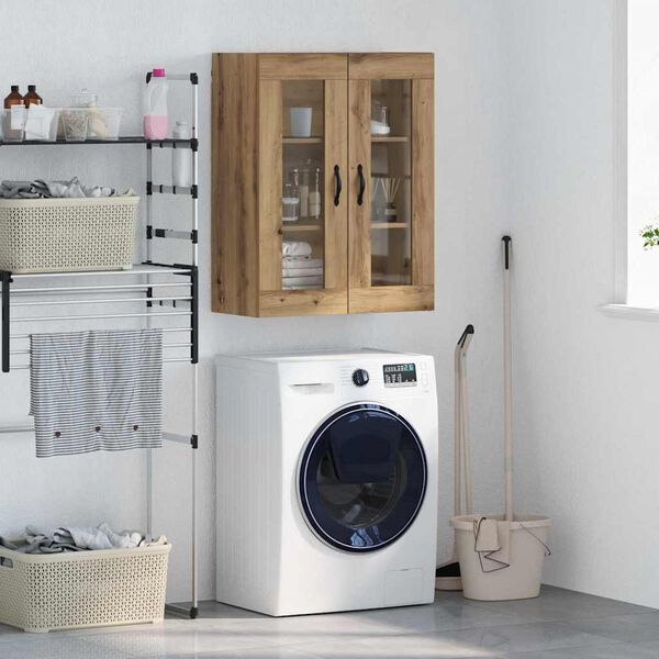 vidaXL Стенен шкаф Дъб 69,5 x 34 x 90 см Инженерна дървесина и стъкло