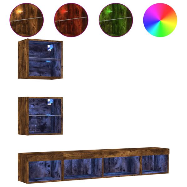 vidaXL ТВ стенни модули с LED, 5 части, опушен дъб, инженерно дърво