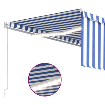 vidaXL Ръчно прибиращ се сенник с щора и LED, 4x3 м, синьо и бяло
