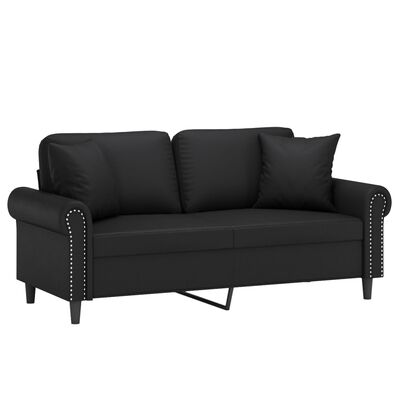 vidaXL 2-местен диван с възглавници, черен, 140 см, изкуствена кожа