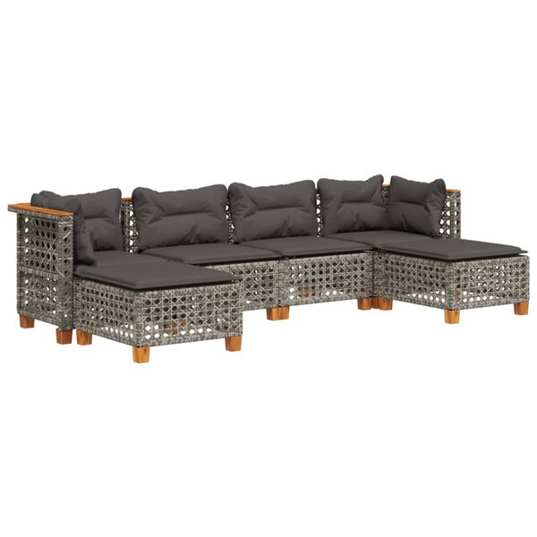 vidaXL Градински диван с възглавници, 6 части, полиратан, сив