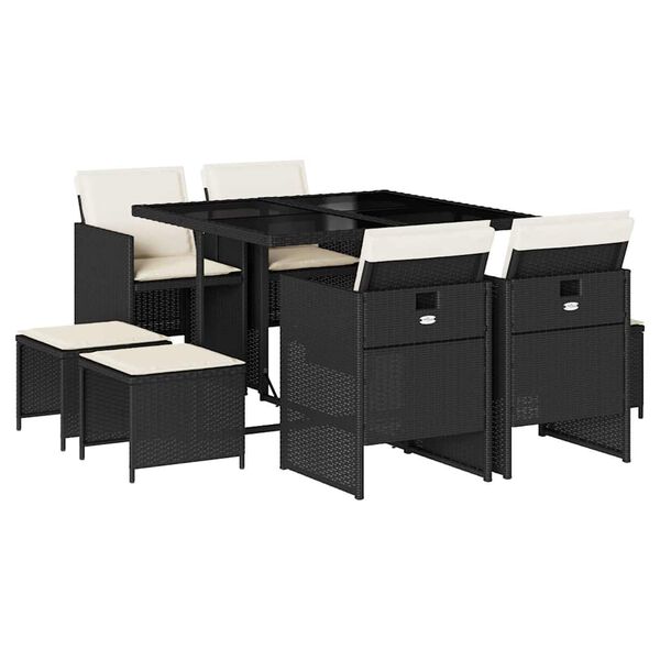 vidaXL Градински трапезен комплект възглавници 9 части черен полиратан