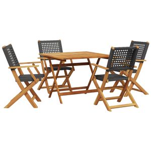 vidaXL Градински трапезен комплект, 5 части, черен, полиратан и масив