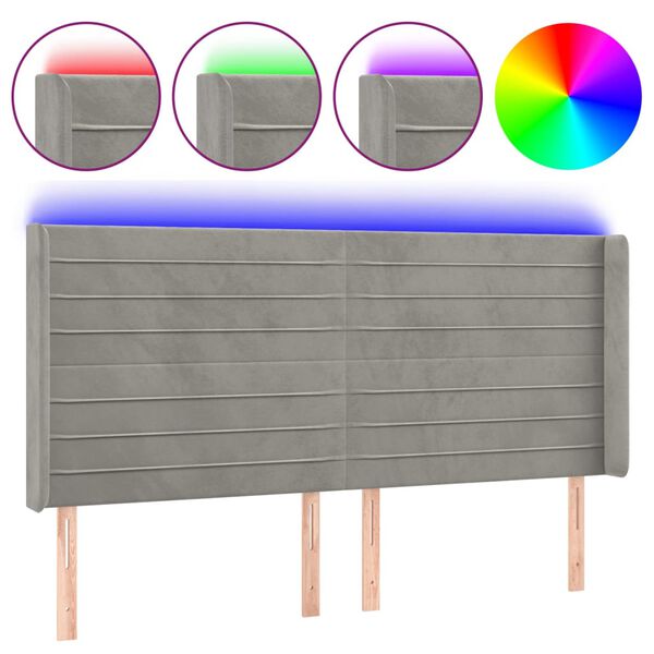 vidaXL LED горна табла за легло, светлосива, 203x16x118/128 см, кадифе