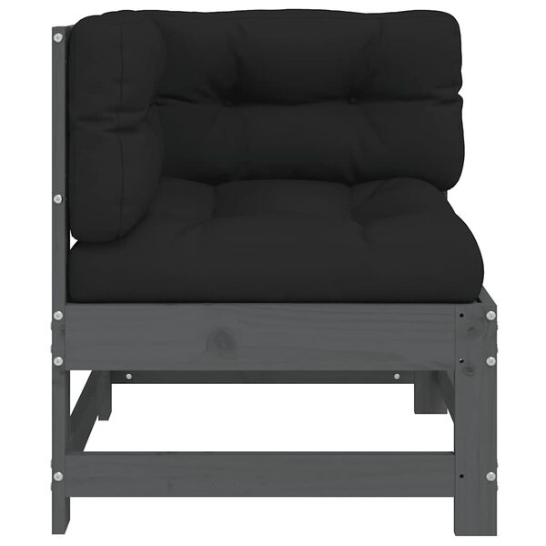 vidaXL Ъглов диван с възглавници, сив, борово дърво масив