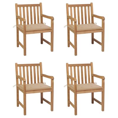 vidaXL Градински столове, 4 бр, бежови възглавници, тиково дърво масив