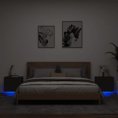 vidaXL Нощни шкафчета за стена с LED осветление, 2 бр, черни