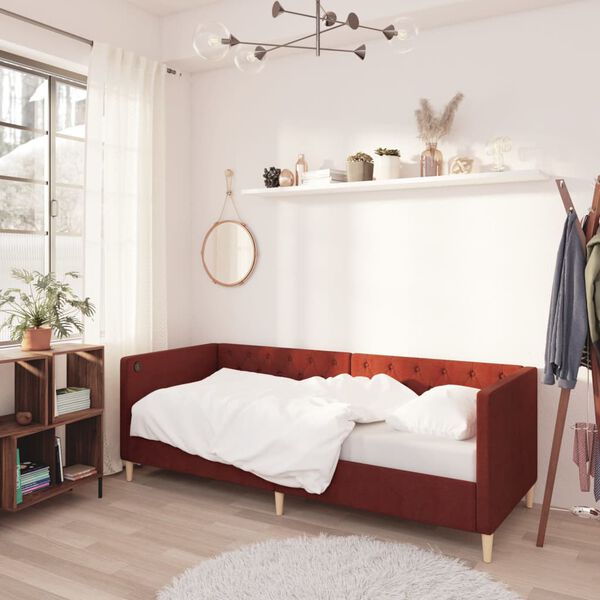 vidaXL Дневно легло с матрак, USB, виненочервено, текстил, 90x200 см