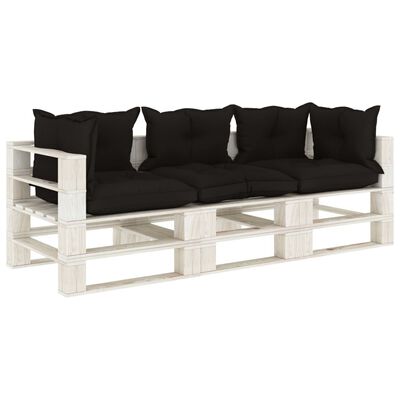 vidaXL Градински 3-местен палетен диван с черни възглавници дърво