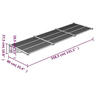 vidaXL Навес за врата, черен, 358,5x90 см, поликарбонат