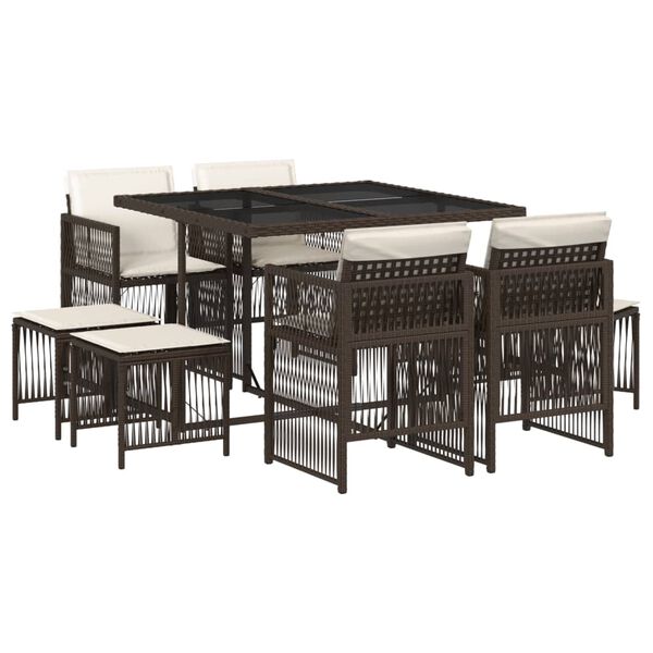 vidaXL Градински трапезен комплект възглавници 9 части кафяв полиратан