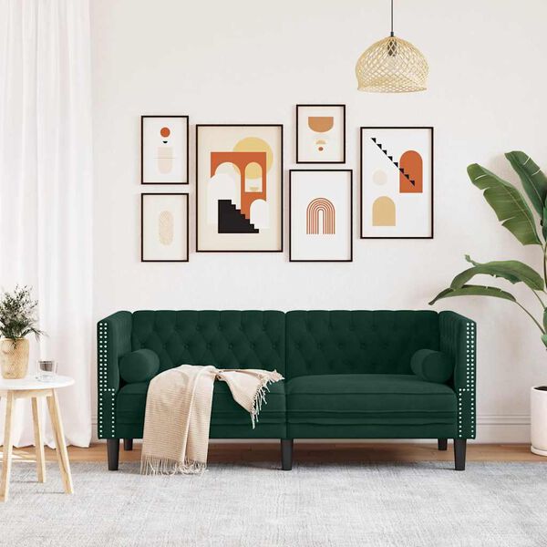 vidaXL Честърфийлд диван с болстери, 2-местен, тъмнозелен, кадифе
