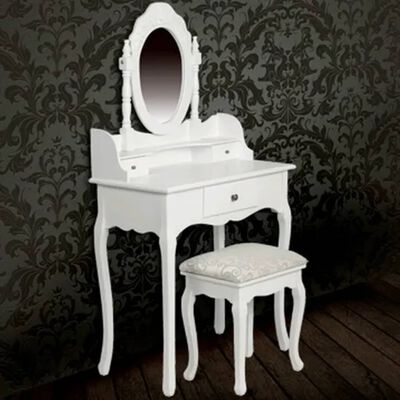 vidaXL Тоалетка с огледало и табуретка, бяла