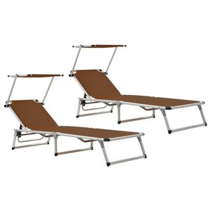 312461 vidaXL Folding Sun Loungers with Roof 2 pcs Aluminium&Textilene Brown