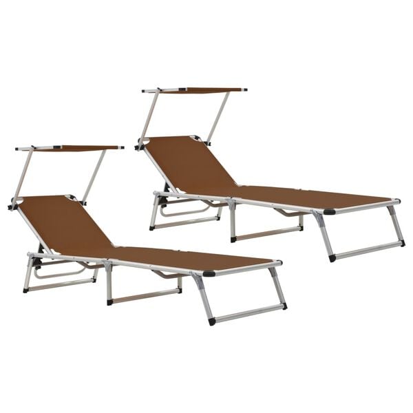 312461 vidaXL Folding Sun Loungers with Roof 2 pcs Aluminium&Textilene Brown