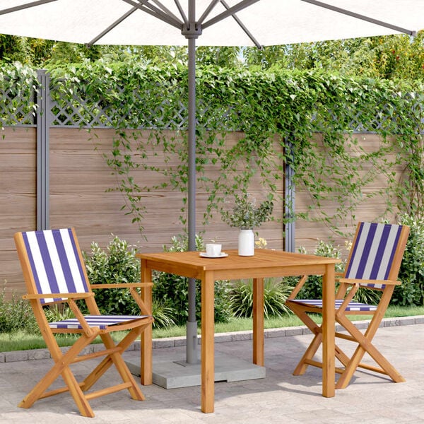 vidaXL Градински столове, 2 бр, синьо-бял, акация масив и плат