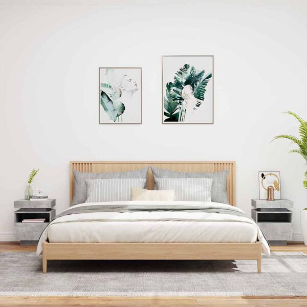 vidaXL Нощни шкафчета с LED осветление, 2 бр, бетонно сив,40x39x48,5см