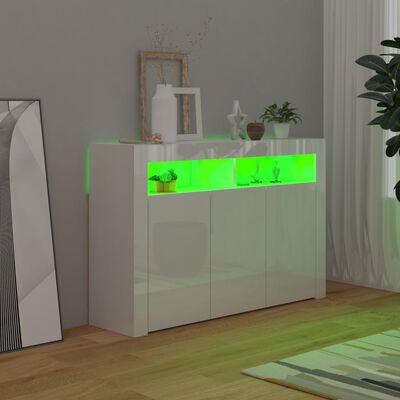 vidaXL Сайдборд с LED светлини, бял гланц, 115,5x30x75 см
