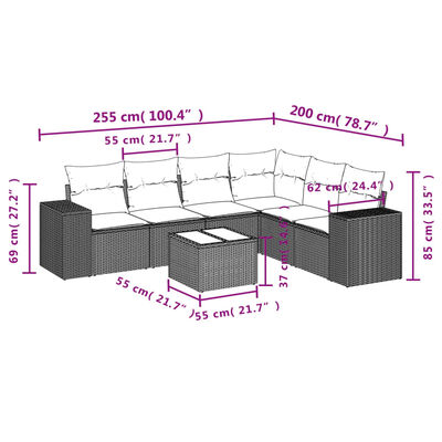 vidaXL Градински диван с възглавници, 7 части, бежов полиратан