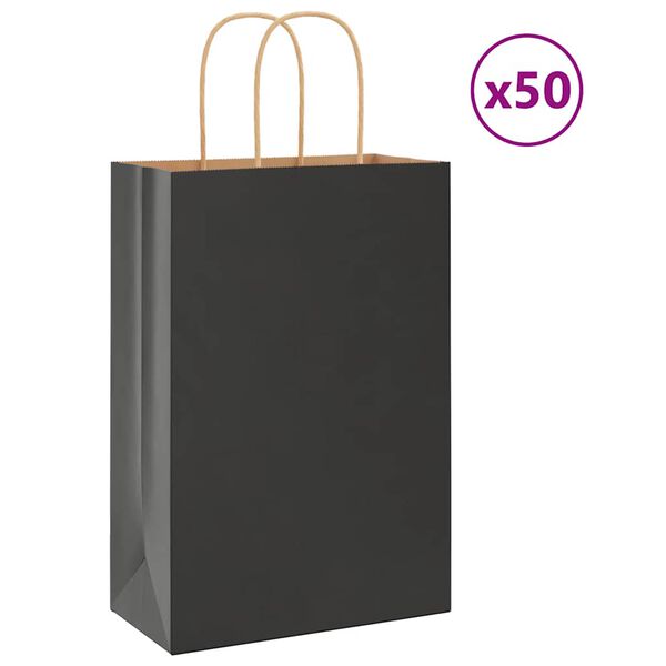 vidaXL Хартиени торбички 50 бр с дръжки черни 21x11x31 см