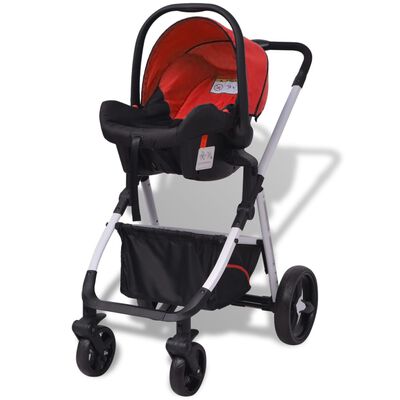 vidaXL Бебешка количка 3-в-1, алуминиева, червено и черно