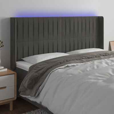 vidaXL LED горна табла за легло, тъмносива, 183x16x118/128 см, кадифе